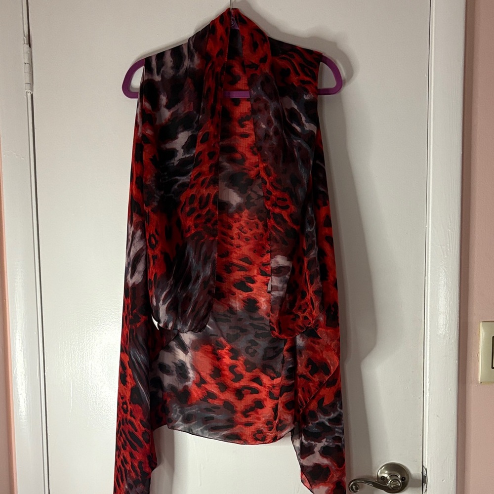 Vibrant Red and Black Sheer wrap with sleeve opening/ vest